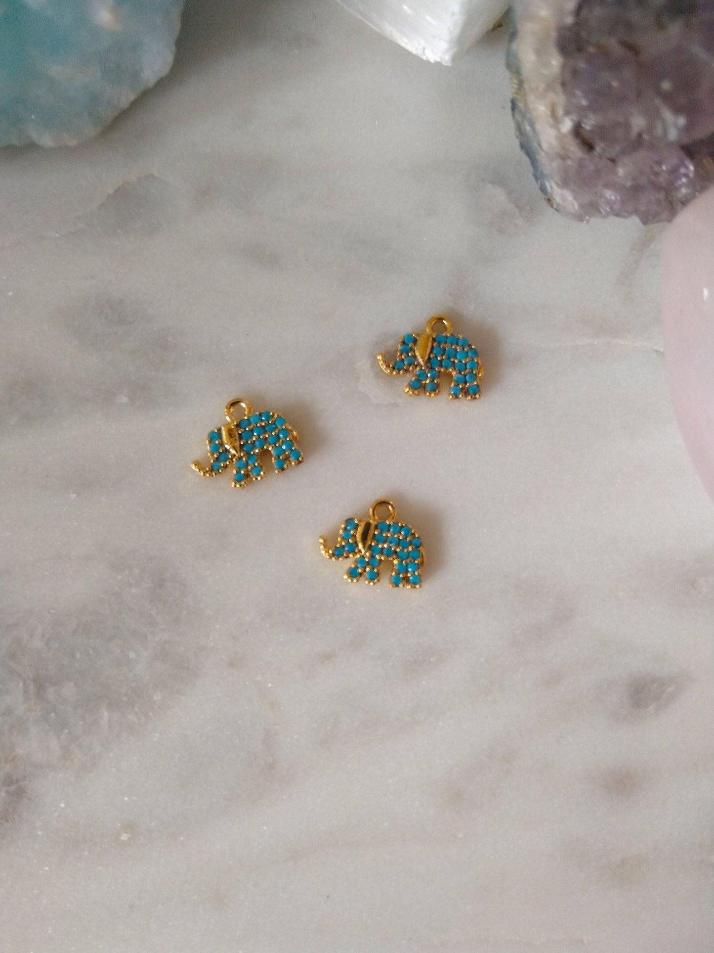 Blue Elephant - 24k Shiny Gold Elphant Charms, Micro Pave Elephant Charms, Cubic Zirconia Charms, Turquoise Stone Beads, Gold Plated Charms