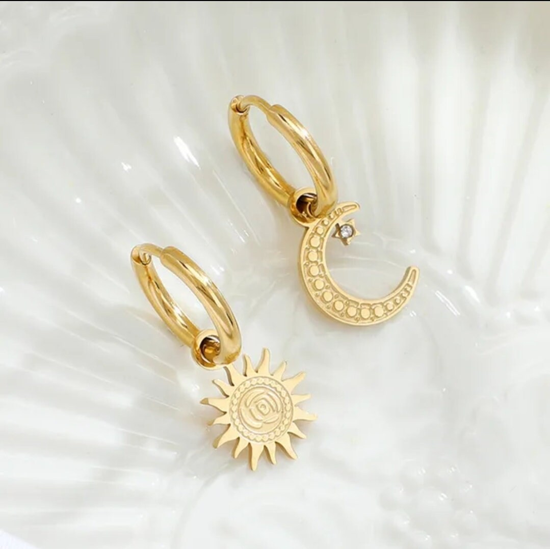 Balence -Tarnish free, waterproof earrings , Stainless Steel Sun and Moon Star Drop Charms Hoop Earrings for Women