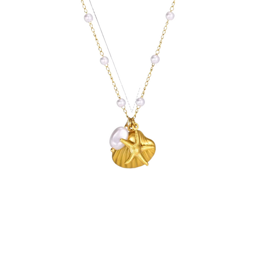 18k gold plated stainless steel sea shell necklace with a pearl pendant and star fish on beaded pearl chain 