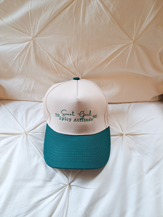 Trucker green and ivory hat 