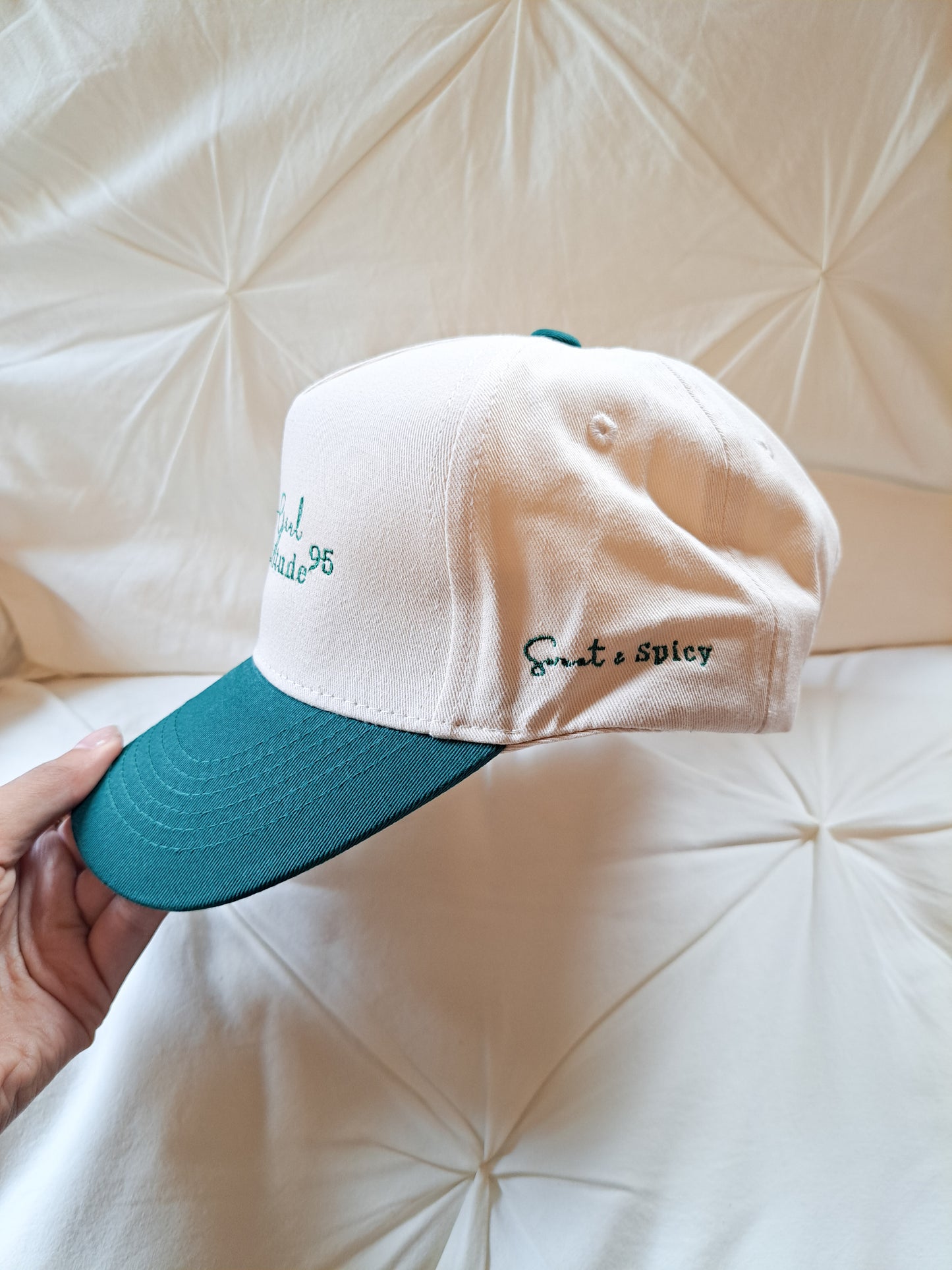 Trucker green and ivory hat 