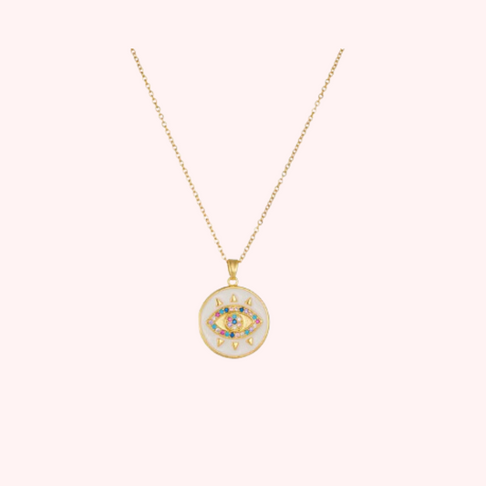 white evil eye pendant with colourful gemstones surrounding the evil eye on a dainty gold chain
