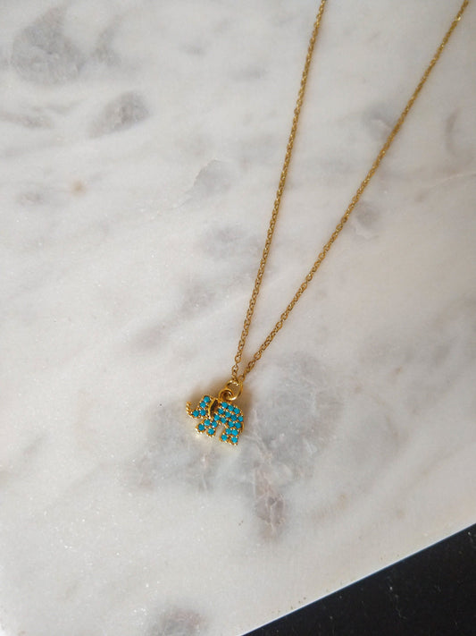 Blue Elephant - 24k Shiny Gold  Elphant Charms, Micro Pave Elephant Charms, Cubic Zirconia Charms, Turquoise Stone Beads, Gold Plated Charms